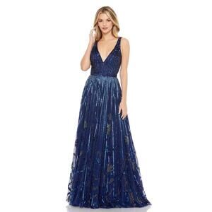 Mac Duggal 5226 Navy Blue V-Neck Sequin Sleeveless Gown Size 2 New